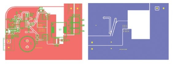 Obr. 15 Layout č. 1 (vlevo strana součástek, vpravo strana spojů)